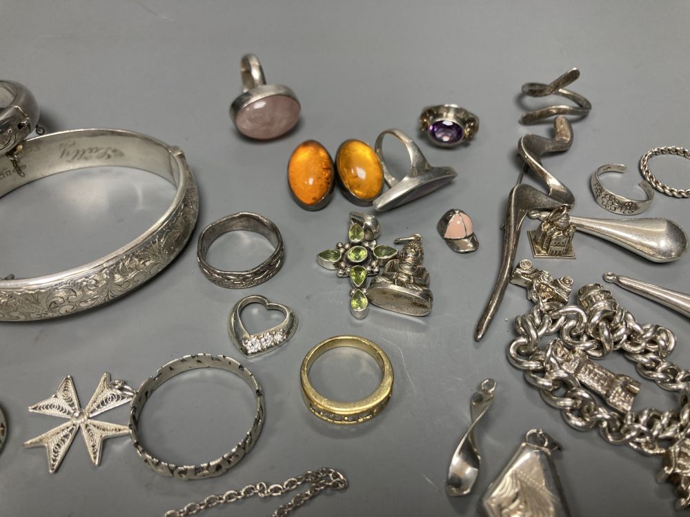 Assorted mainly silver jewellery including bangles, bracelets including charm, necklaces, brooches, rings and pendants.